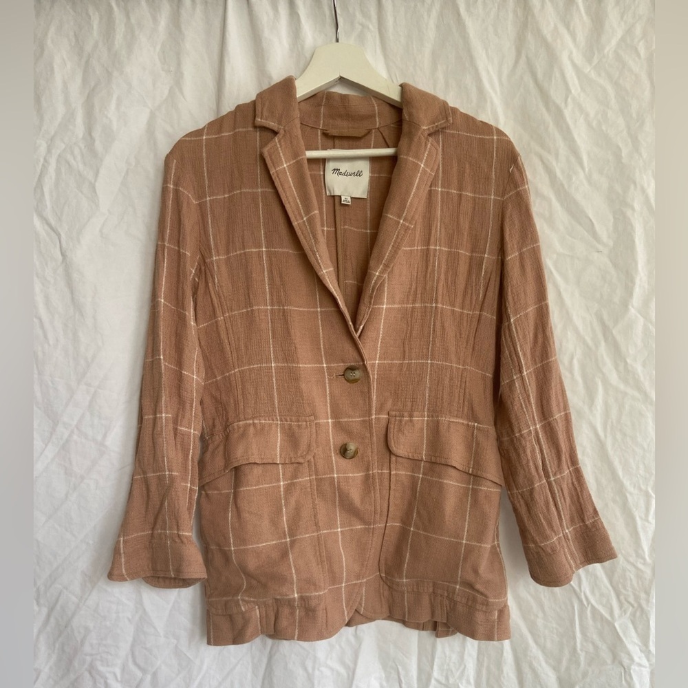 MADEWELL Tan Breezewoven Larsen Blazer in Windowpane Linen Oversized Size XS - Picture 2 of 15
